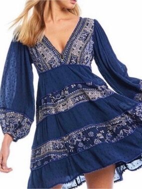 Free People My Love Navy Blue Embroidered V-Neck Mini Dress